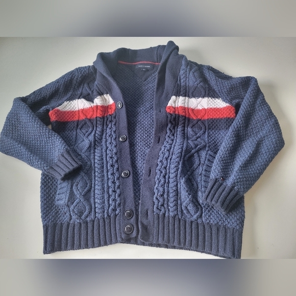 Tommy Hilfiger Men's Classic Blue Flag Striped Cable Knit Cardigan M - Picture 1 of 10